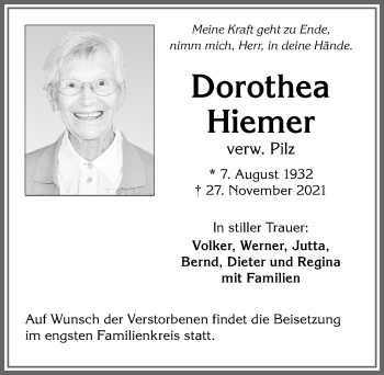 Traueranzeige von Dorothea Pilz von Allgäuer Zeitung,Kempten