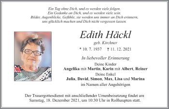 Traueranzeige von Edith Häckl von Allgäuer Zeitung, Füssen
