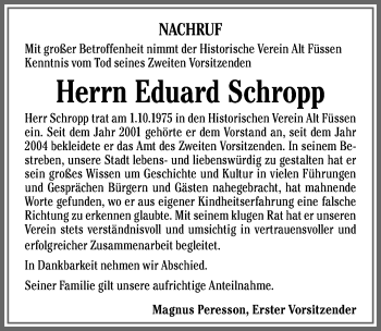 Traueranzeige von Eduard Schropp von Allgäuer Zeitung, Füssen