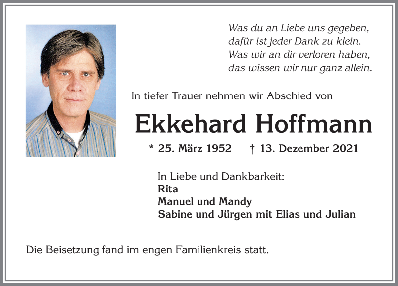  Traueranzeige für Ekkehard Hoffmann vom 28.12.2021 aus Allgäuer Zeitung, Kaufbeuren/Buchloe