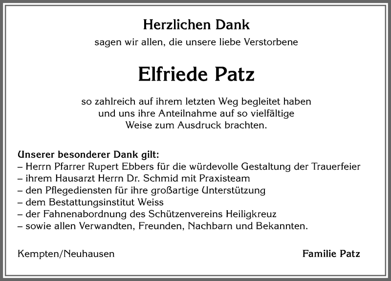  Traueranzeige für Elfriede Patz vom 18.12.2021 aus Allgäuer Zeitung,Kempten