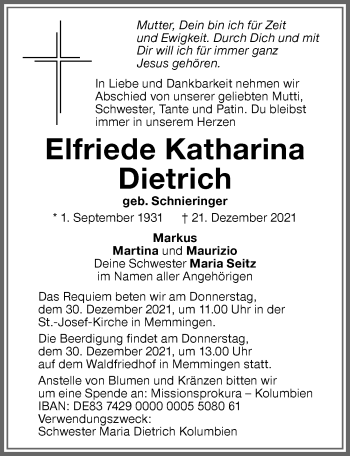 Traueranzeige von Elfriede Katharina Dietrich von Memminger Zeitung