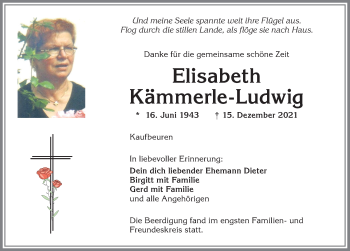 Traueranzeige von Elisabeth Kämmerle-Ludwig von Allgäuer Zeitung, Kaufbeuren/Buchloe