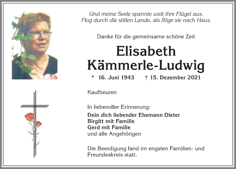  Traueranzeige für Elisabeth Kämmerle-Ludwig vom 23.12.2021 aus Allgäuer Zeitung, Kaufbeuren/Buchloe