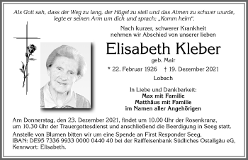 Traueranzeige von Elisabeth Kleber von Allgäuer Zeitung, Füssen