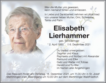 Traueranzeige von Elisabeth Lierhammer von Memminger Zeitung