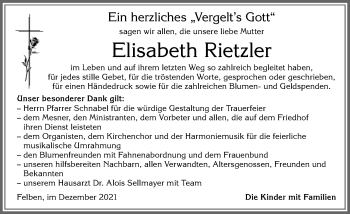 Traueranzeige von Elisabeth Rietzler von Allgäuer Zeitung, Füssen