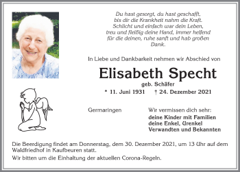 Traueranzeige von Elisabeth Specht von Allgäuer Zeitung, Kaufbeuren/Buchloe