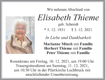 Traueranzeige von Elisabeth Thieme von Allgäuer Zeitung, Füssen
