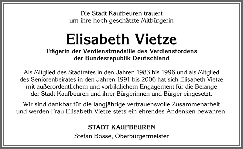  Traueranzeige für Elisabeth Vietze vom 04.12.2021 aus Allgäuer Zeitung, Kaufbeuren/Buchloe