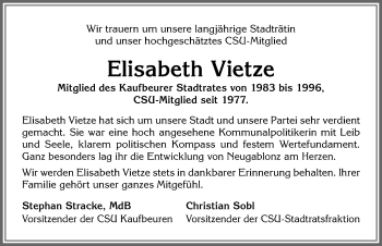 Traueranzeige von Elisabeth Vietze von Allgäuer Zeitung, Kaufbeuren/Buchloe