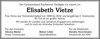 Traueranzeige von Elisabeth Vietze von Allgäuer Zeitung, Kaufbeuren/Buchloe