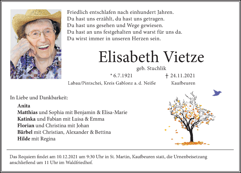  Traueranzeige für Elisabeth Vietze vom 04.12.2021 aus Allgäuer Zeitung, Kaufbeuren/Buchloe