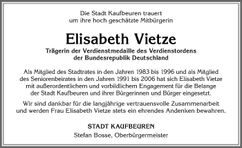 Traueranzeige von Elisabeth Vietze von Allgäuer Zeitung, Kaufbeuren/Buchloe