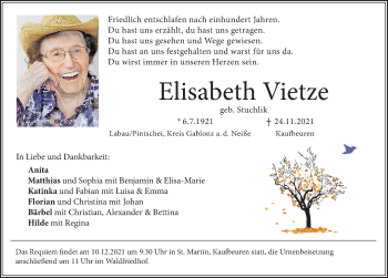 Traueranzeige von Elisabeth Vietze von Allgäuer Zeitung, Kaufbeuren/Buchloe