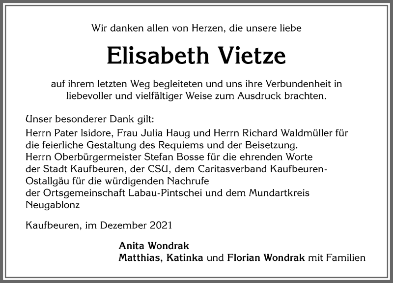  Traueranzeige für Elisabeth Vietze vom 18.12.2021 aus Allgäuer Zeitung, Kaufbeuren/Buchloe
