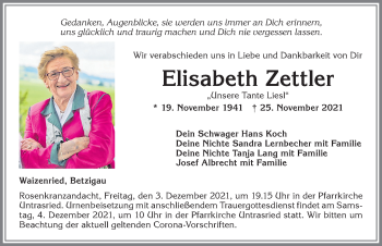 Traueranzeige von Elisabeth Zettler von Allgäuer Zeitung, Marktoberdorf