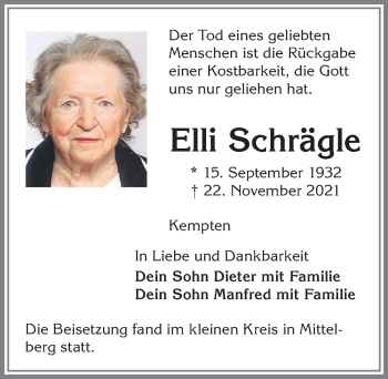 Traueranzeige von Elli Schrägle von Allgäuer Zeitung,Kempten