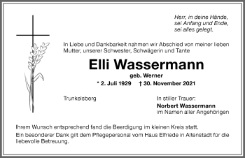 Traueranzeige von Elli Wassermann von Memminger Zeitung