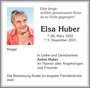 Traueranzeige von Elsa Huber von Allgäuer Zeitung,Kempten