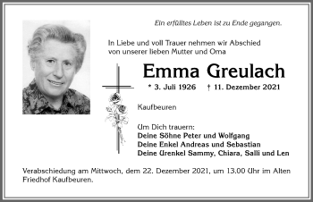 Traueranzeige von Emma Greulach von Allgäuer Zeitung, Kaufbeuren/Buchloe