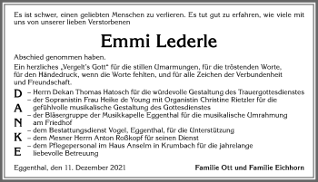Traueranzeige von Emmi Lederle von Allgäuer Zeitung, Kaufbeuren/Buchloe