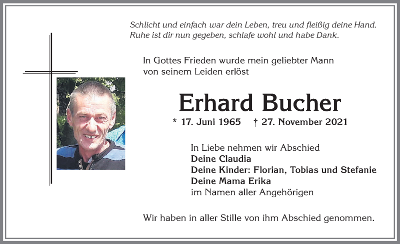  Traueranzeige für Erhard Bucher vom 11.12.2021 aus Allgäuer Anzeigeblatt