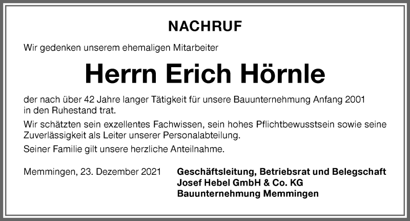  Traueranzeige für Erich Hörnle vom 23.12.2021 aus Memminger Zeitung