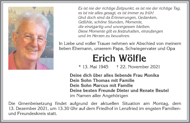  Traueranzeige für Erich Wölfle vom 11.12.2021 aus Allgäuer Zeitung,Kempten