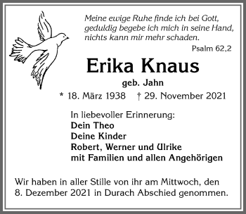 Traueranzeige von Erika Knaus von Allgäuer Zeitung,Kempten
