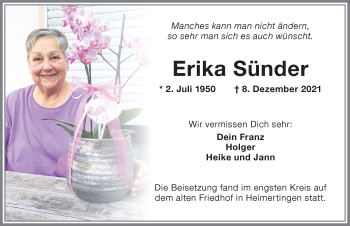 Traueranzeige von Erika Sünder von Memminger Zeitung