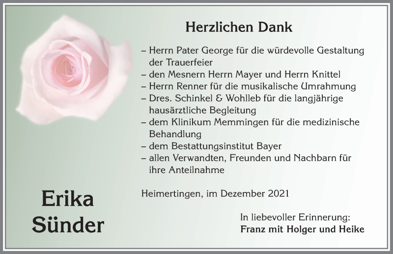  Traueranzeige für Erika Sünder vom 30.12.2021 aus Memminger Zeitung