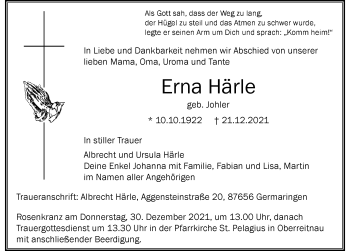 Traueranzeige von Erna Härle von Der Westallgäuer