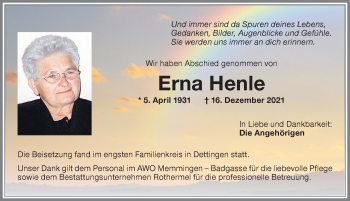 Traueranzeige von Erna Henle von Memminger Zeitung