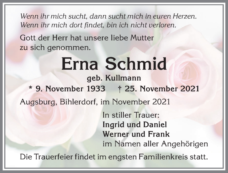  Traueranzeige für Erna Schmid vom 01.12.2021 aus Der Westallgäuer