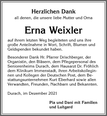 Traueranzeige von Erna Weixler von Allgäuer Zeitung,Kempten