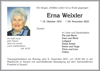 Traueranzeige von Erna Weixler von Allgäuer Zeitung,Kempten