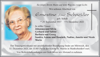 Traueranzeige von Ernestine Schneider von Allgäuer Zeitung, Marktoberdorf