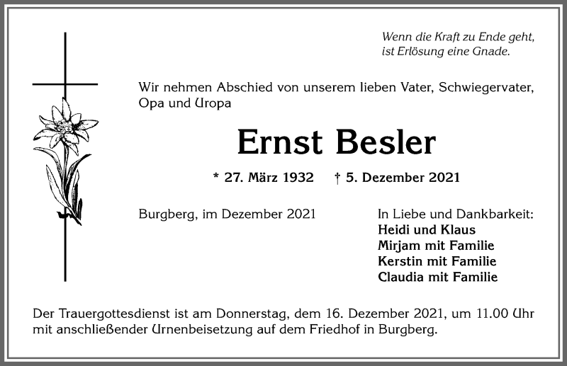  Traueranzeige für Ernst Besler vom 11.12.2021 aus Allgäuer Anzeigeblatt