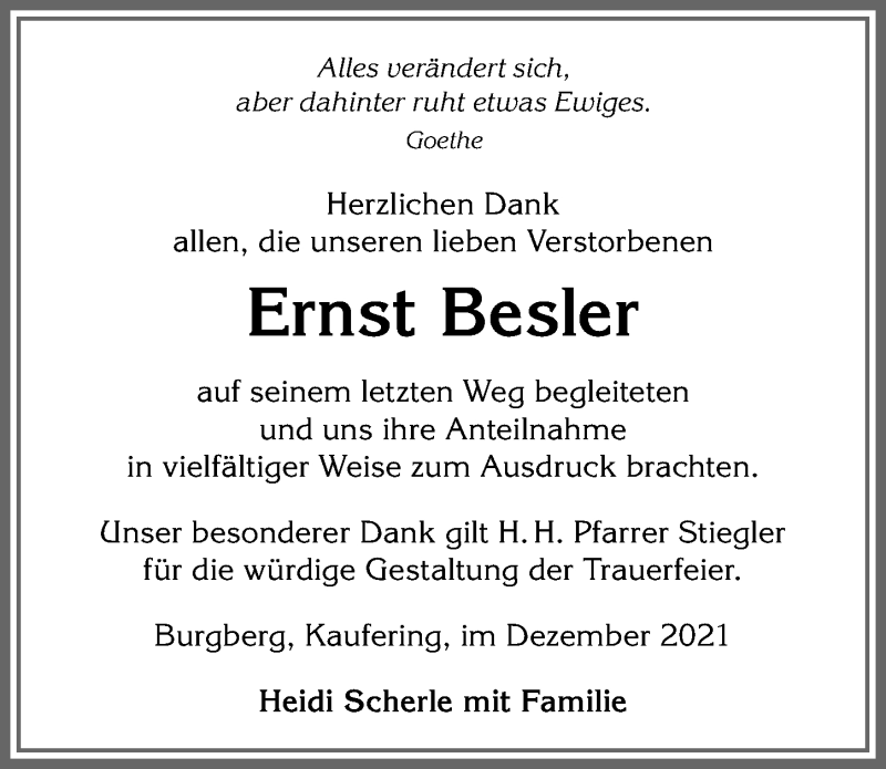  Traueranzeige für Ernst Besler vom 24.12.2021 aus Allgäuer Anzeigeblatt