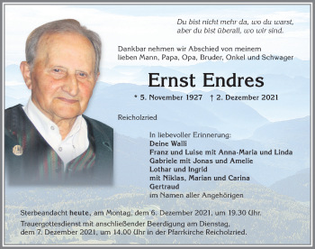 Traueranzeige von Ernst Endres von Allgäuer Zeitung,Kempten