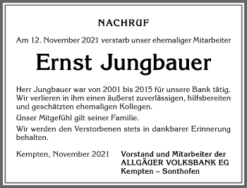 Traueranzeige von Ernst Jungbauer von Allgäuer Zeitung,Kempten