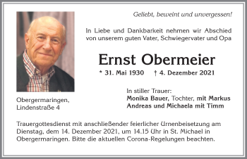 Traueranzeige von Ernst Obermeier von Allgäuer Zeitung, Kaufbeuren/Buchloe
