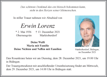 Traueranzeige von Erwin Lorenz von Allgäuer Zeitung, Marktoberdorf