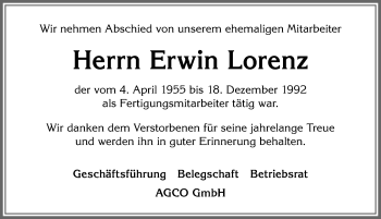 Traueranzeige von Erwin Lorenz von Allgäuer Zeitung, Marktoberdorf