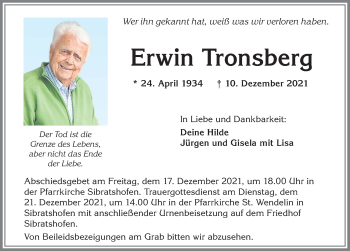 Traueranzeige von Erwin Tronsberg von Allgäuer Zeitung,Kempten