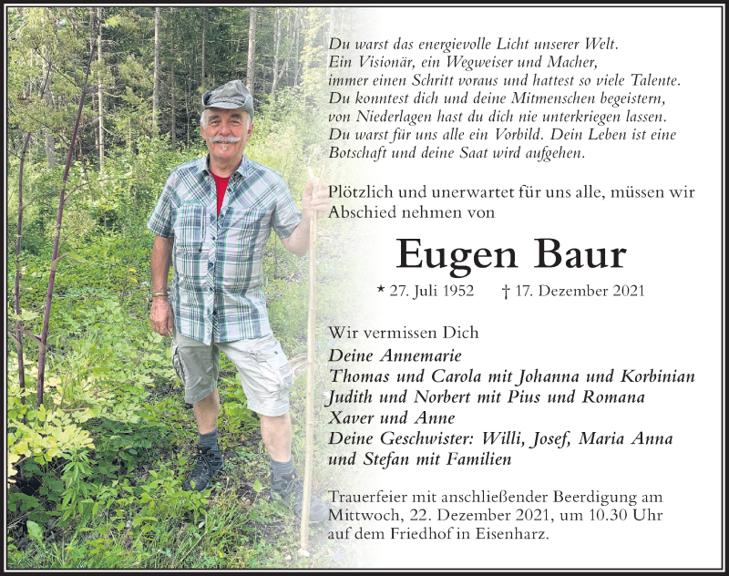  Traueranzeige für Eugen Baur vom 21.12.2021 aus Der Westallgäuer