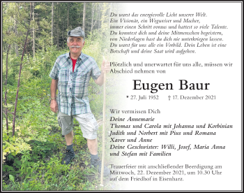 Traueranzeige von Eugen Baur von Der Westallgäuer