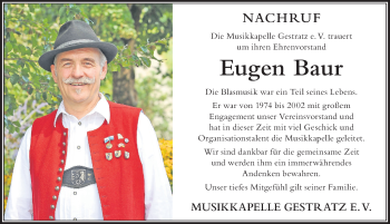 Traueranzeige von Eugen Baur von Der Westallgäuer