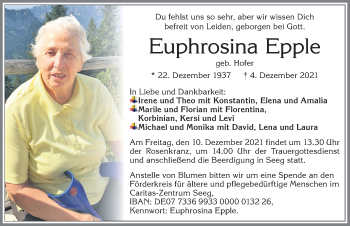 Traueranzeige von Euphrosina Epple von Allgäuer Zeitung, Füssen